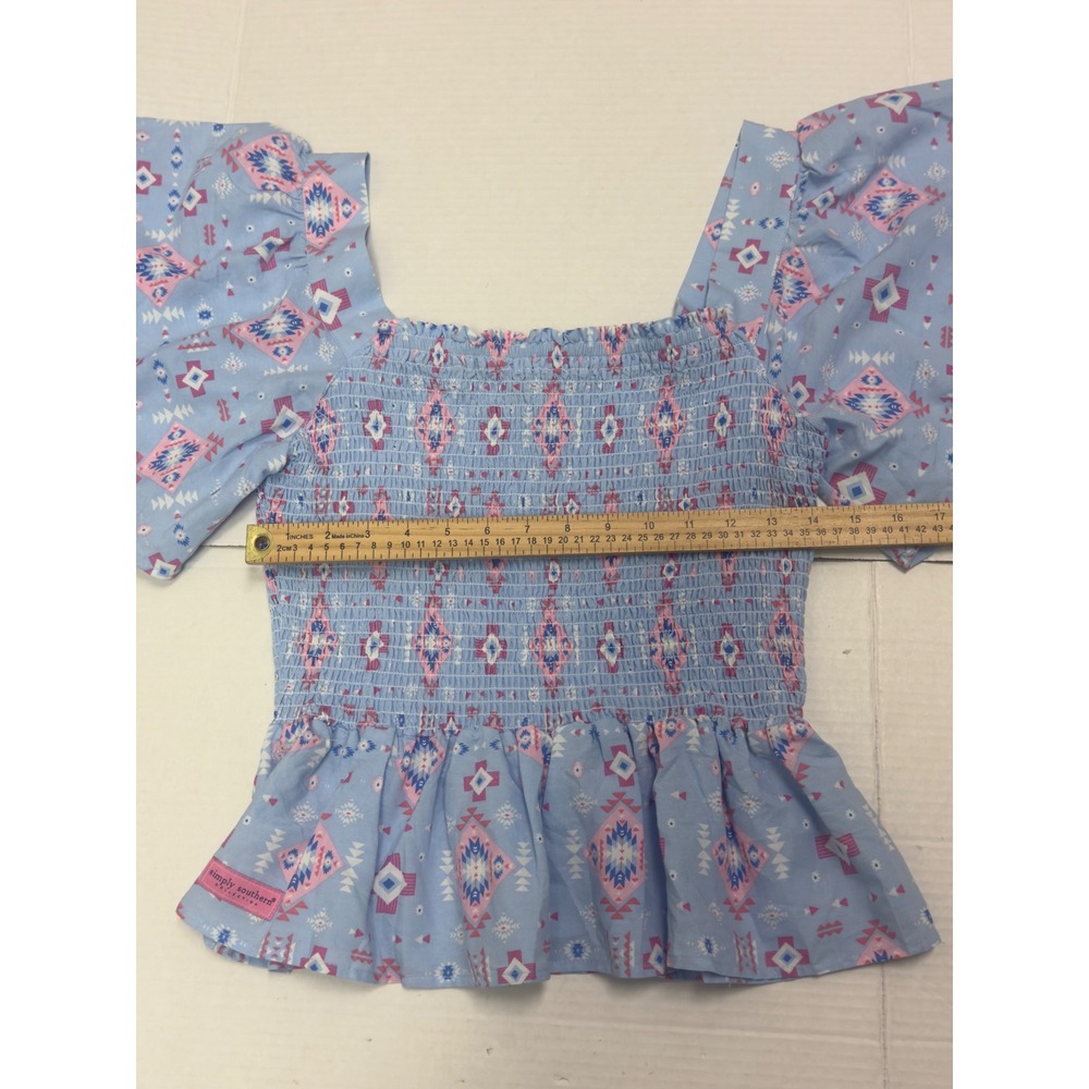 Simply Southern Peplum Top Womens M Blue Pink Aztec Smocked Flutter Sleeve - Picture 6 of 9